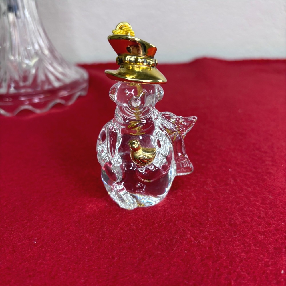 Gorham Clear Crystal Snowman Gold Toned Hat & Bird Christmas Ornament Collection